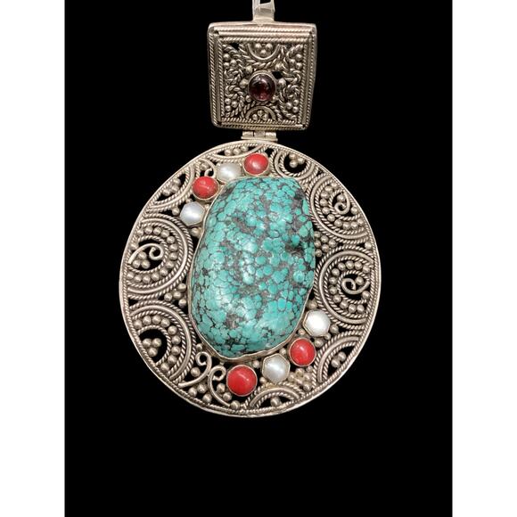 Gorgeous 925 Sterling Silver Statement Pendant Turquoise Garnet Pearl Coral - Picture 1 of 4
